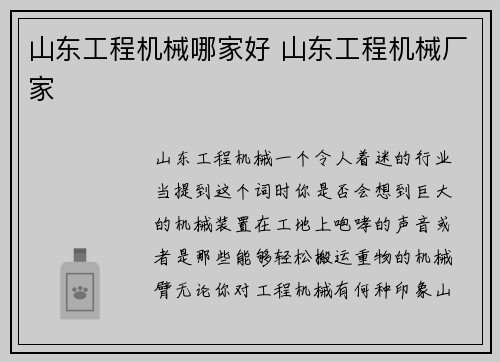 山东工程机械哪家好 山东工程机械厂家